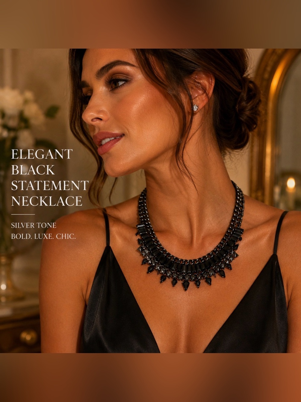 Elegant Black Statement Necklace | Silver Tone Bold Luxe Chic Jewelry